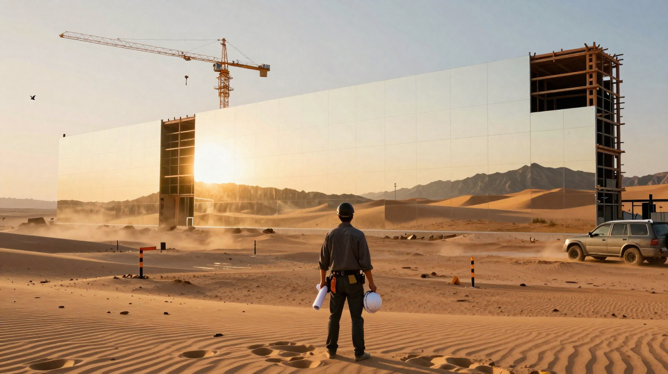Bauarbeiter mit Helm und Plänen blickt auf spiegelnde Fassade einer Baustelle in Wüstenlandschaft bei Sonnenuntergang.