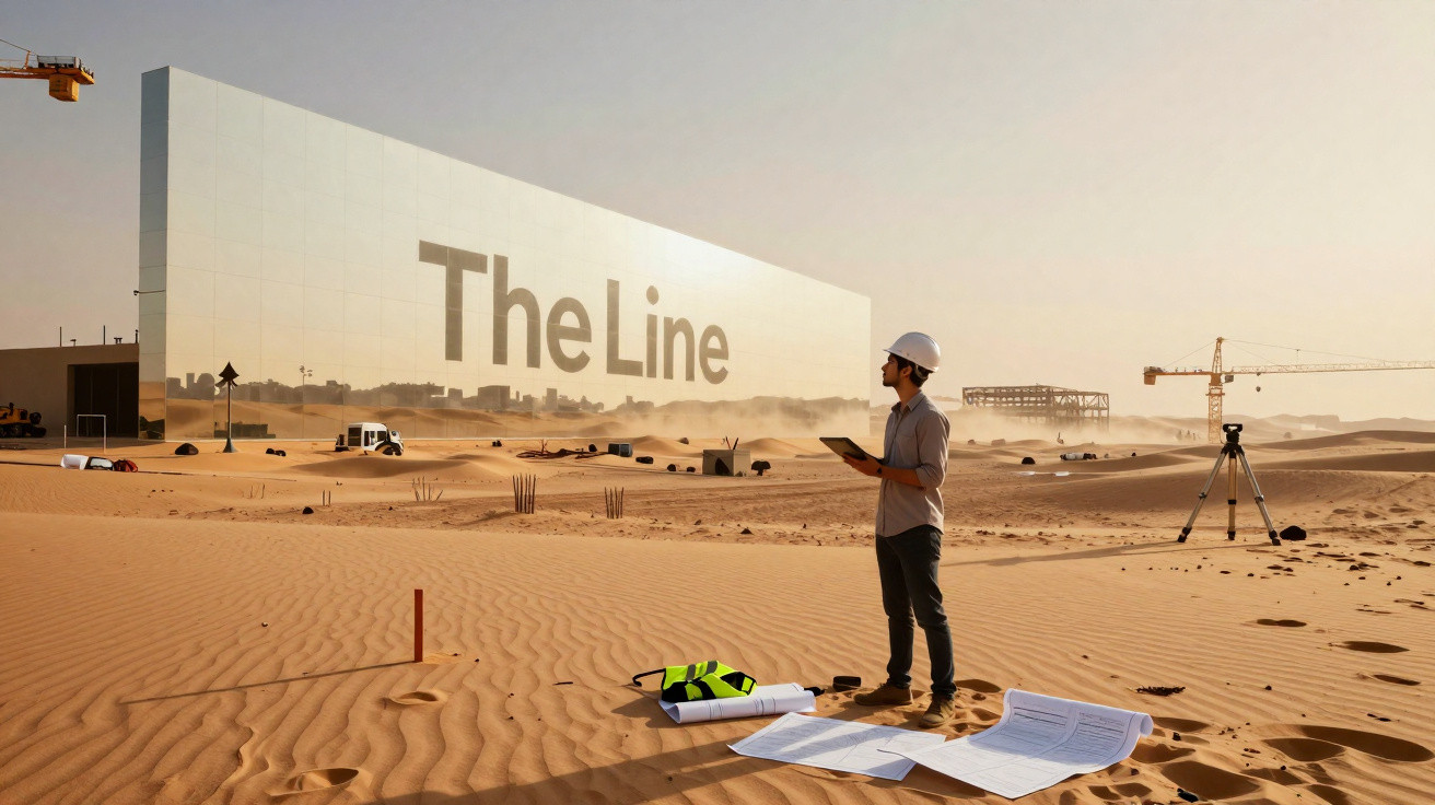 Ingenieur mit Helm prüft Baupläne neben riesiger spiegelnder Wand mit Aufschrift The Line in Wüstenlandschaft.