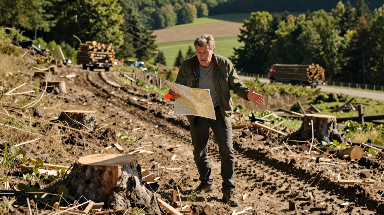 Mann mit Karte im abgeholzten Waldgebiet, neben Baumstümpfen und Holzstapeln, ländliche Umgebung.