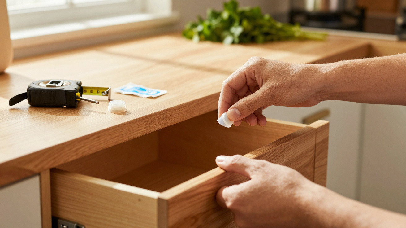 Person bringt selbstklebenden Möbelschoner an der Ecke einer Holzschublade an, Maßband liegt auf Tisch.