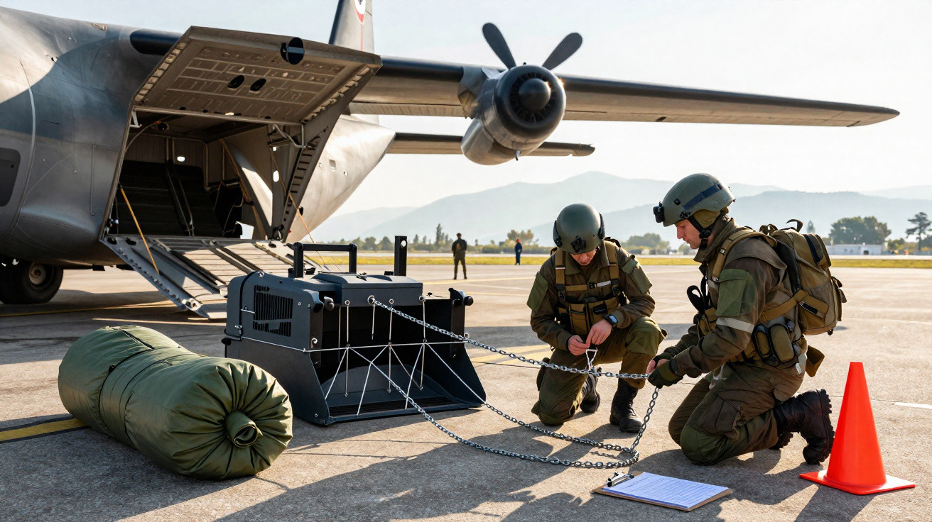 Zwei Soldaten in Kampfausrüstung überprüfen Ausrüstung nahe Militärflugzeug auf Startbahn mit Bergen im Hintergrund.