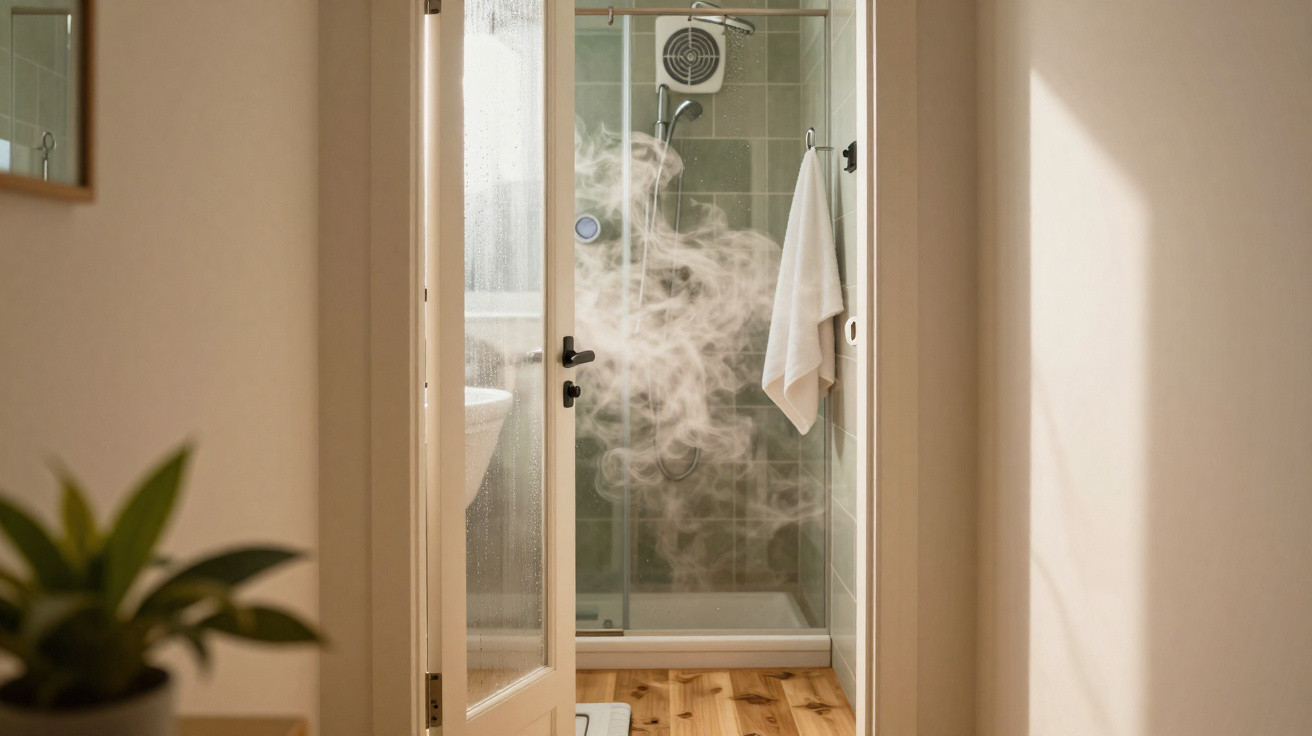 Duschkabine mit Dampfwolke, Handtuch hängt, Tür offen, Blick durch Flur mit Pflanze im Vordergrund.
