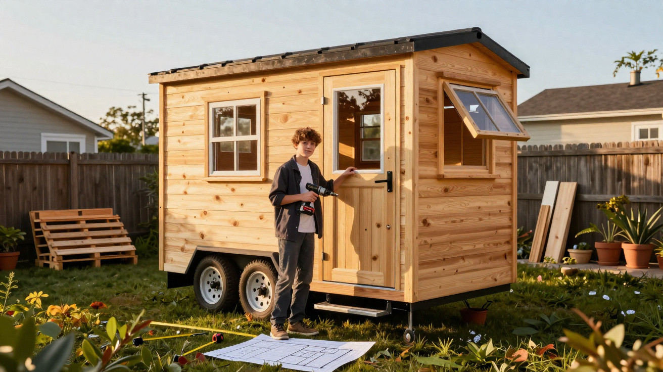 Junge mit Kamera vor einem kleinen Holzhaus auf Rädern im Garten bei Sonnenlicht.