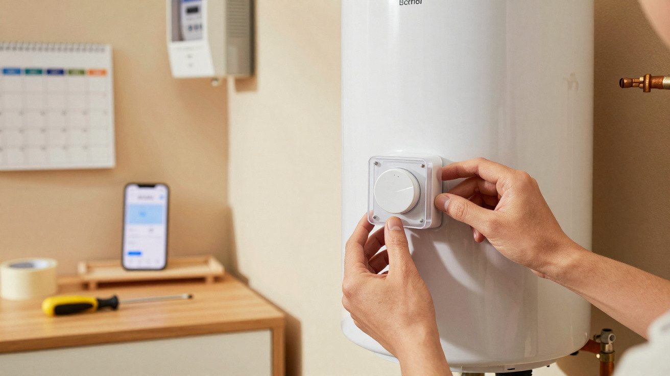 Person stellt Thermostat am weiße Heizung in einem Raum mit Möbeln und Kalender ein.