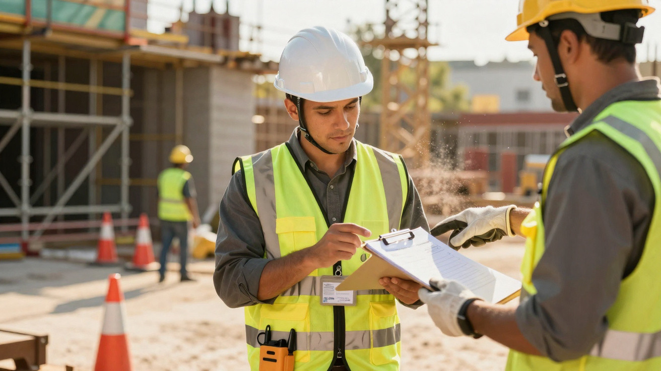 Zwei Bauarbeiter mit Helm und Warnweste überprüfen Pläne auf einer Baustelle im Sonnenlicht.