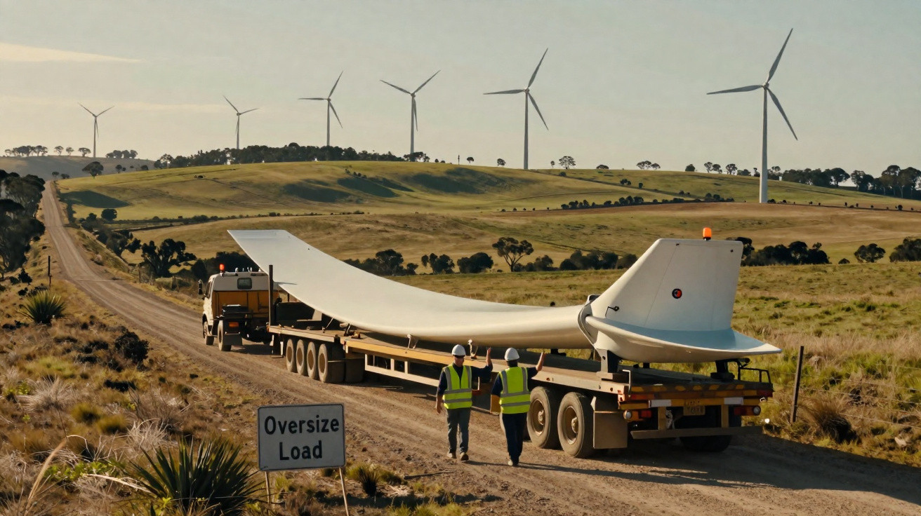 Lastwagen transportiert riesige Rotorblattflügel für Windkraftanlage auf Landstraße mit Windrädern im Hintergrund.