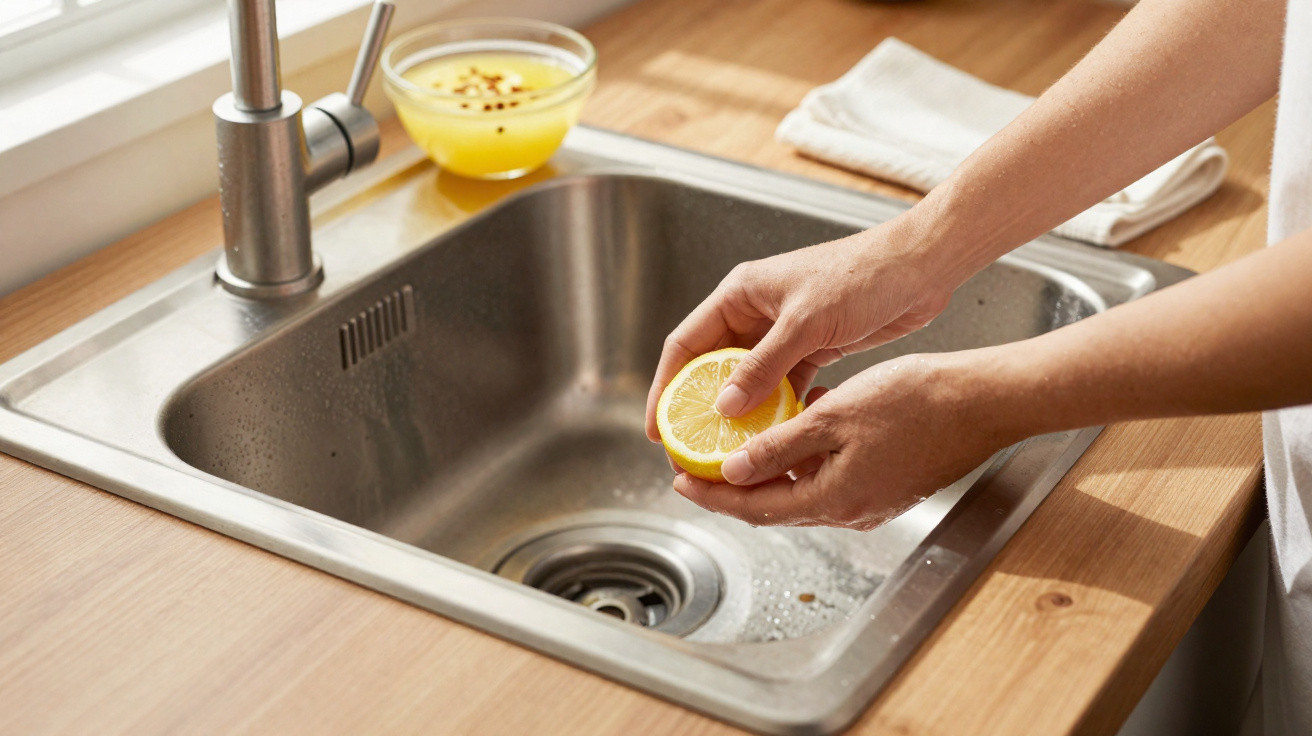 Person hält Zitronenhälfte über Spüle in moderner Küche mit Holztisch und Edelstahlbecken.