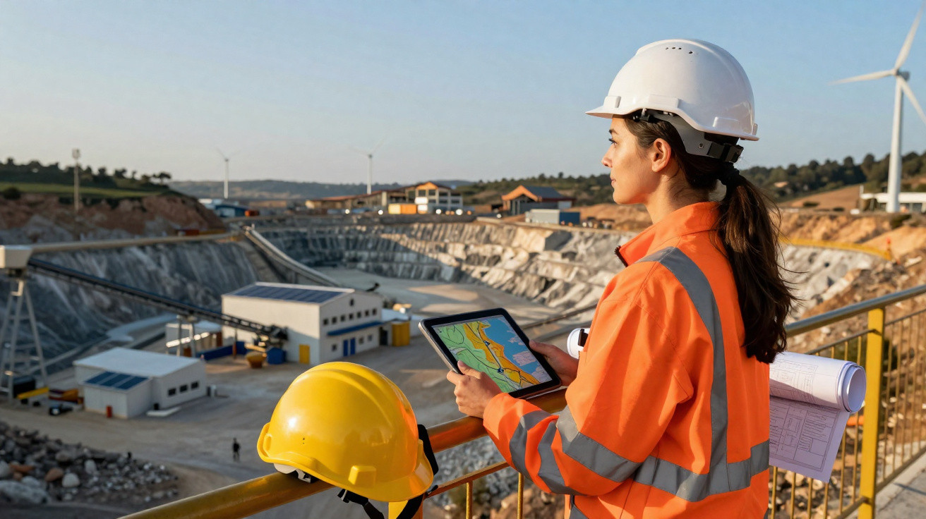 Ingenieurin mit Helm und Tablet bei Sonnenuntergang auf Baustelle mit Windkraftanlagen im Hintergrund.