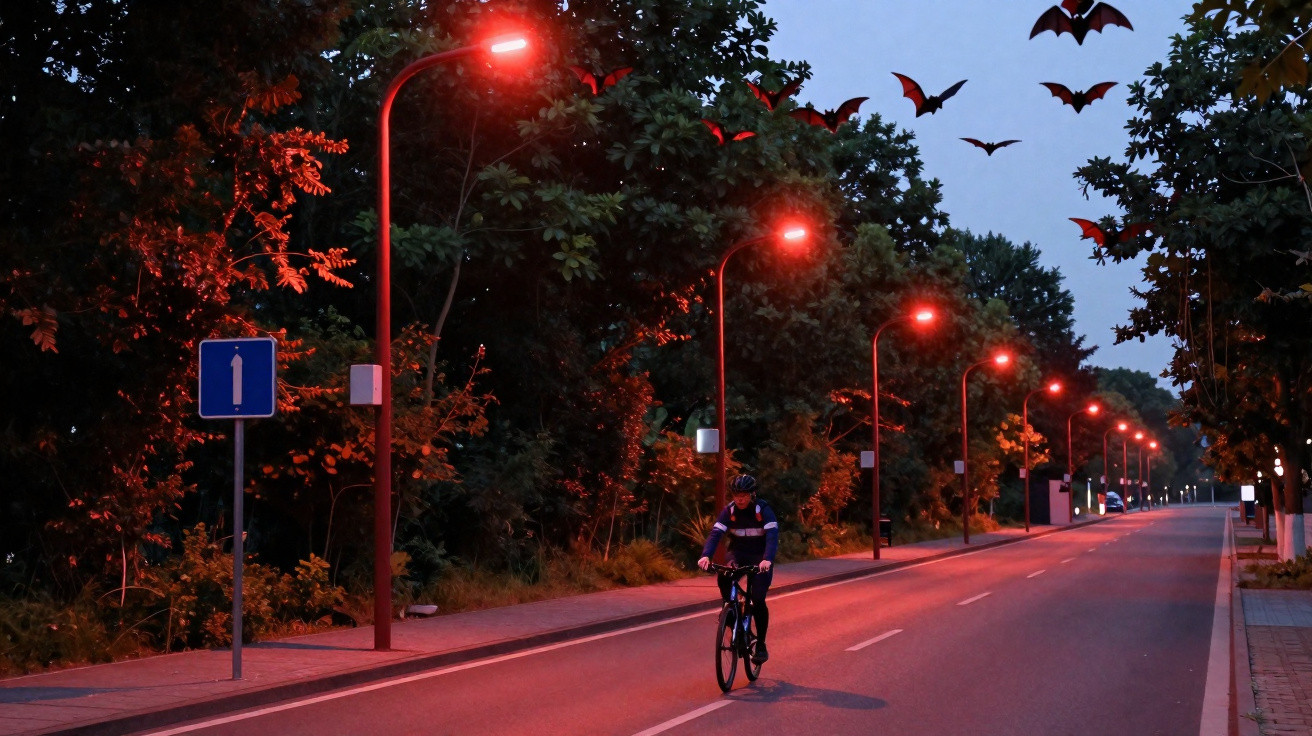 Radfahrer auf Straße bei Abenddämmerung, rote Straßenlaternen, Fledermäuse fliegen am Himmel.