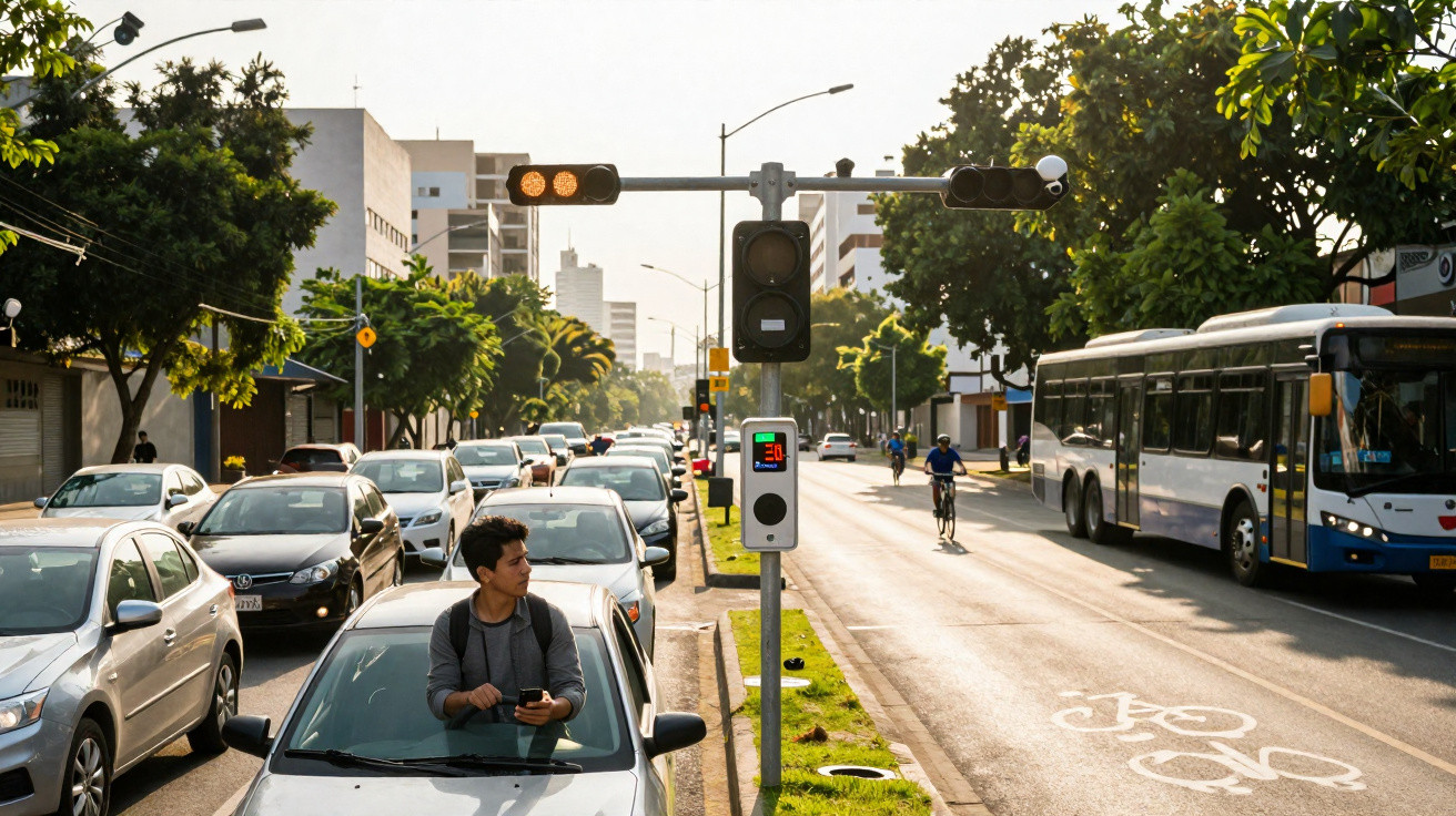 Stau mit vielen Autos, Bus und Radfahrern an einer Ampel in sonniger, grüner Stadtlandschaft.