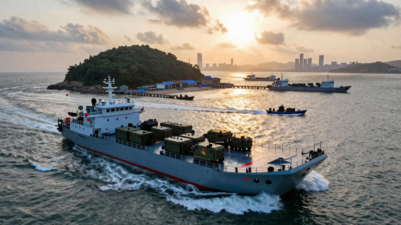Frachtschiff mit Militärfahrzeugen fährt bei Sonnenuntergang an einer kleinen Insel vorbei.