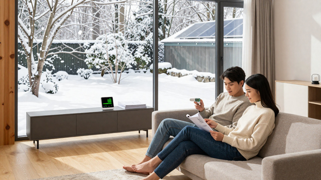 Junges Paar sitzt auf dem Sofa in modernem Wohnzimmer mit großem Fenster und verschneitem Garten draußen.