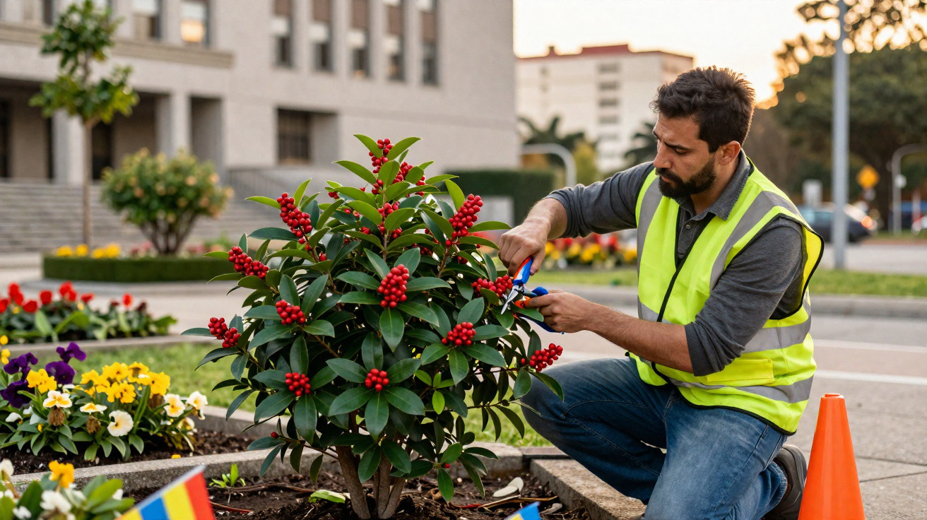 Gärtner in Warnweste schneidet rote Beeren von Strauch in städtischem Blumenbeet bei Tageslicht.