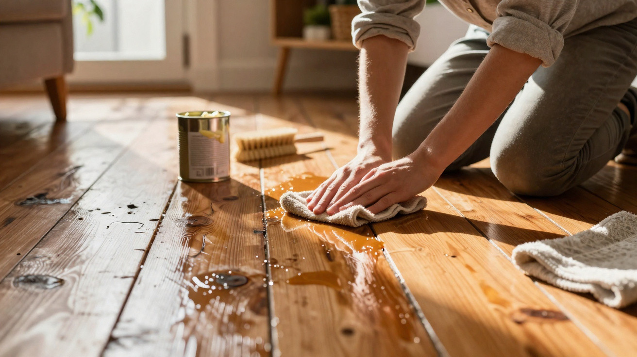Person wischt verschüttete Flüssigkeit auf einem Holzboden mit einem Tuch auf, Eimer und Bürste daneben.