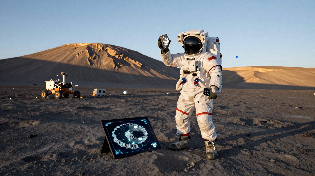 Astronaut in Raumanzug hebt Gestein auf trockenem, bergigem Mond- oder Marsgelände mit Rover im Hintergrund.