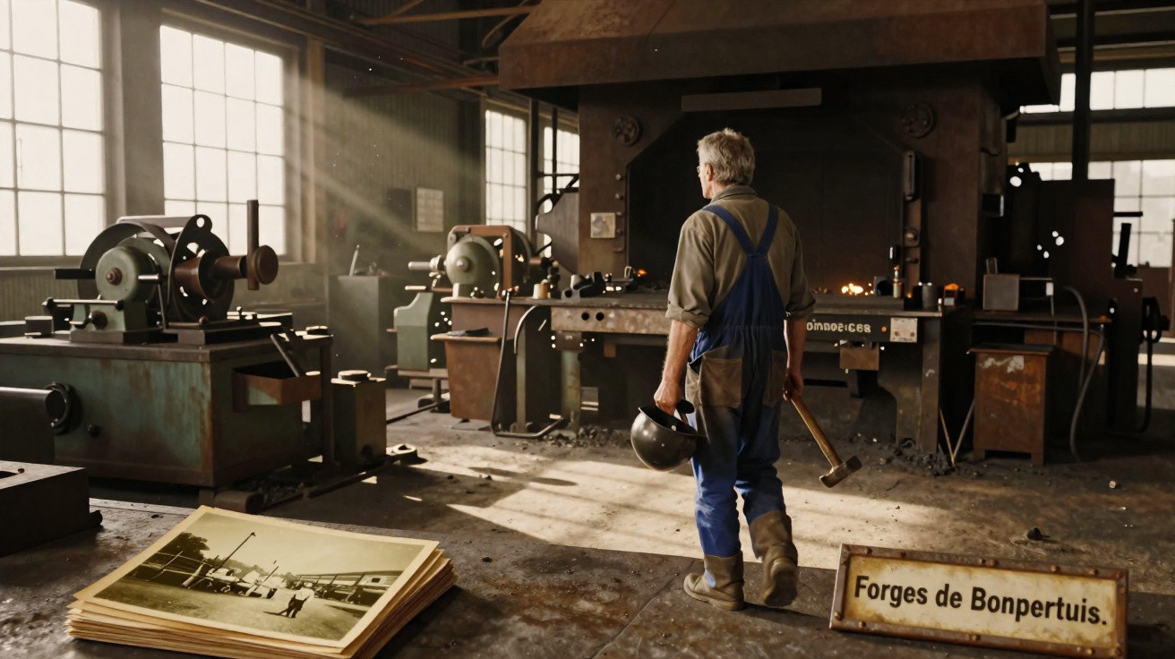 Schmied in Werkstatt mit Helm und Hammer vor Amboss, alter Fotostapel und Schild „Forges de Bonpertuis“ auf Boden.