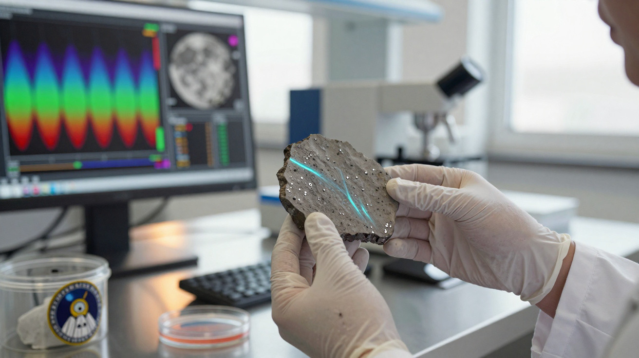 Forscher hält Meteoritenprobe mit blauem Leuchtstreifen vor Laborbildschirm mit Spektralanalyse.