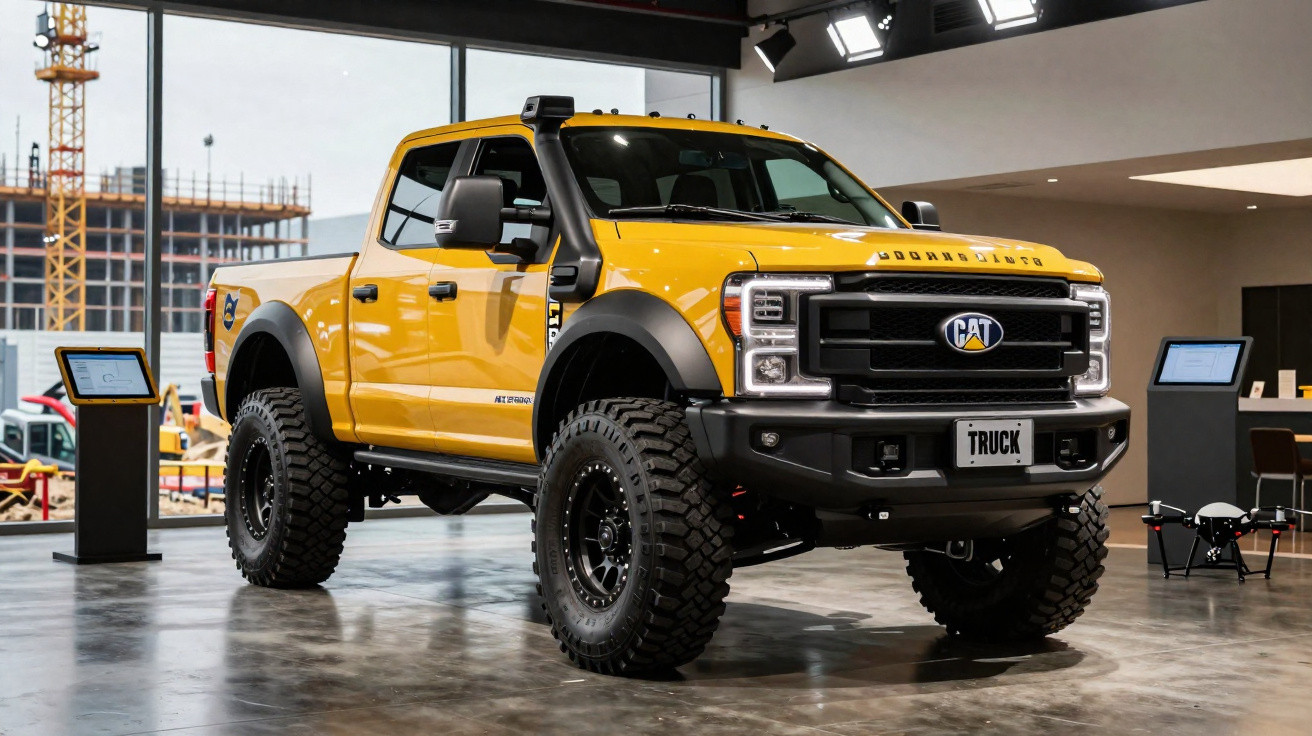 Gelber robust ausgestatteter Pickup-Truck mit groben Offroad-Reifen in moderner Ausstellungsumgebung.
