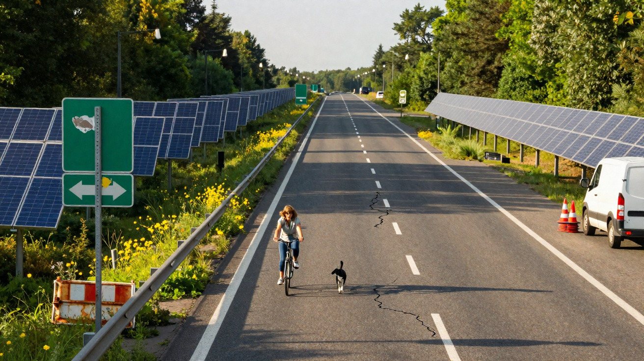 Frau fährt Fahrrad neben schwarzer Katze auf Straße mit Solarzellen beidseitig und parkendem weißen Transporter.