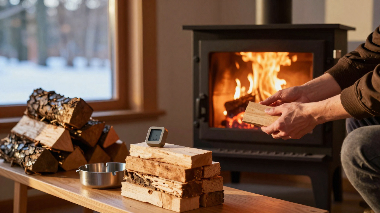 Holzstapel und brennender Ofen, Person hält Kaminholz in gemütlichem Raum mit Fenster und Schneeblick draußen.