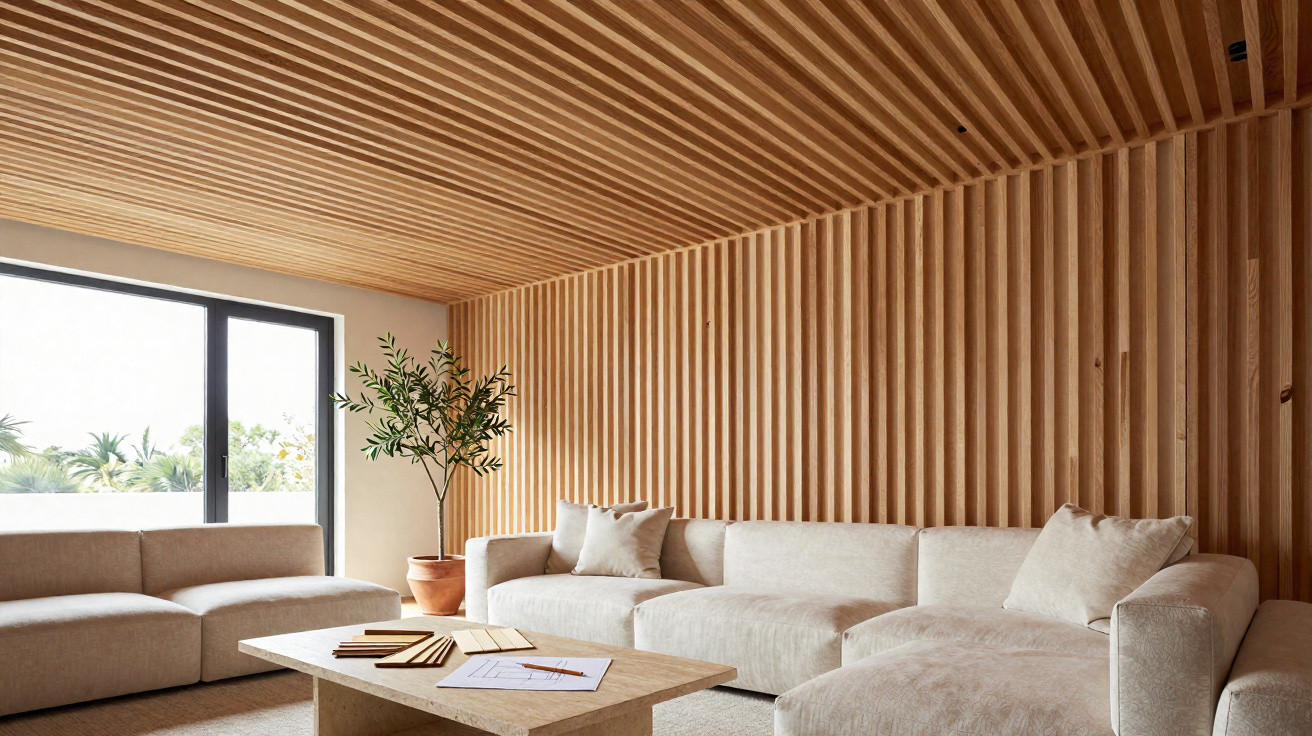 Helles Wohnzimmer mit beige Polstermöbeln, Holzvertäfelung an Wand und Decke, großem Fenster und Pflanzen in Töpfen.