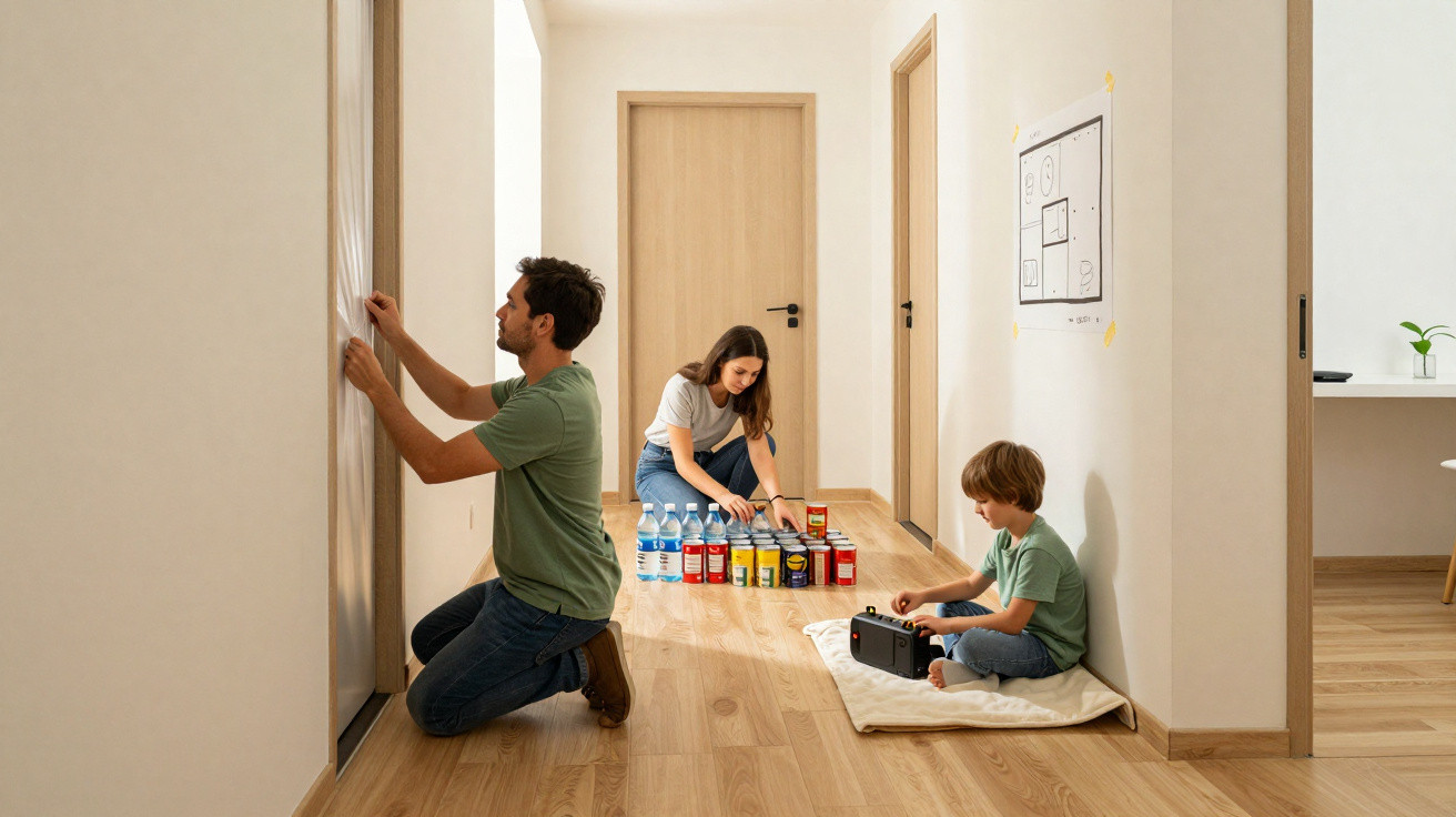 Familie mit Mann, Frau und Kind dekoriert gemeinsam den Flur ihres Hauses.