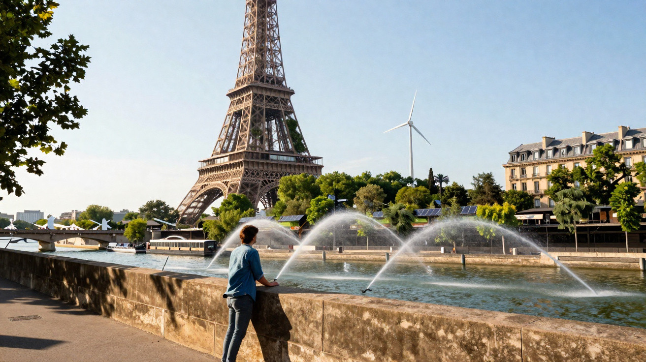 Person blickt auf die Seine mit dem Eiffelturm, Springbrunnen und Windrad im Hintergrund in Paris.