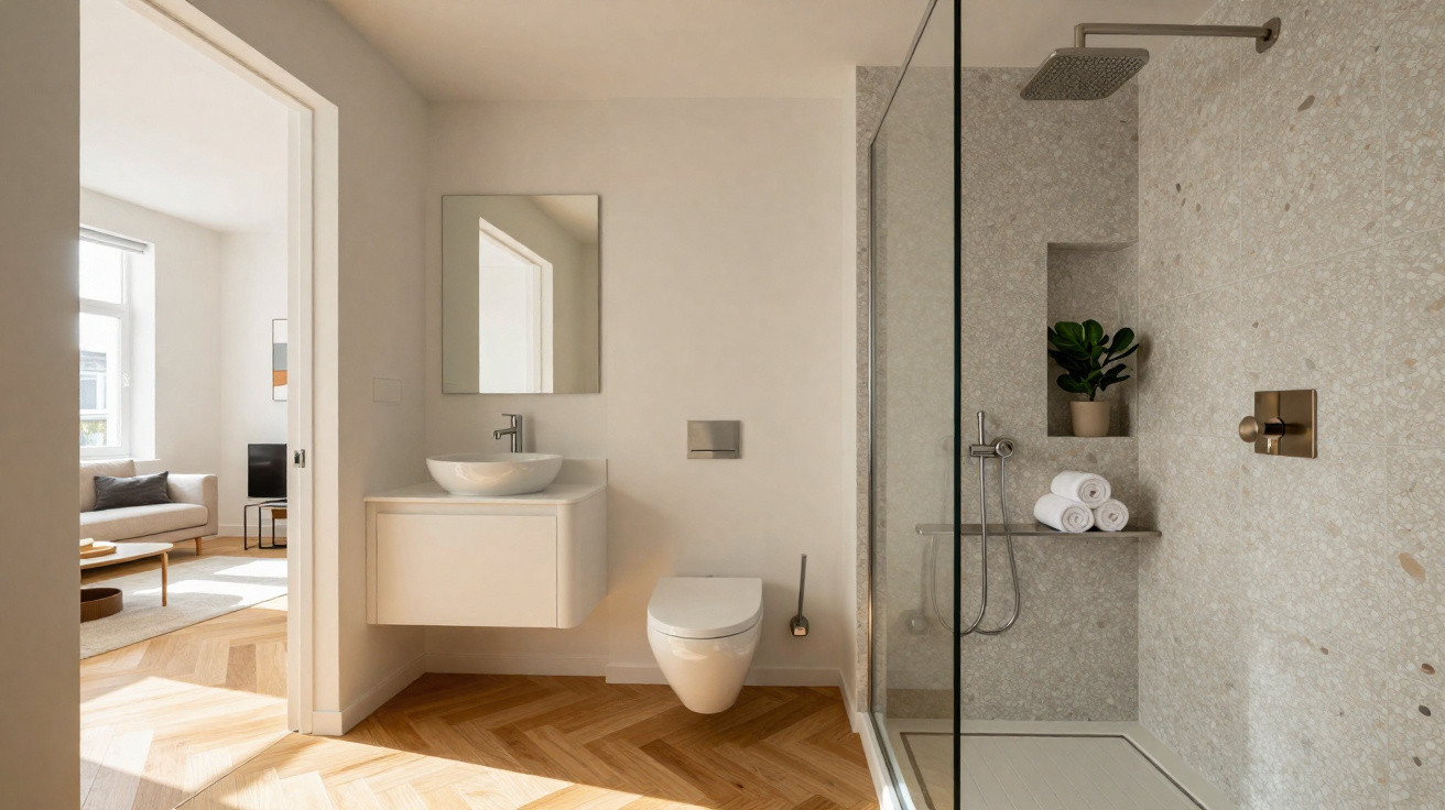 Modernes Badezimmer mit Dusche, Toilette, Waschbecken und Blick in ein helles Wohnzimmer