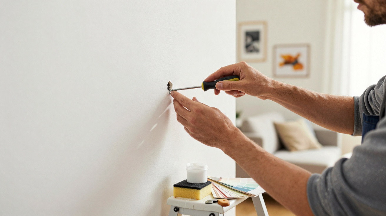 Mann schraubt Dübel mit Schraubendreher in weiße Wand in hellem Wohnzimmer ein.