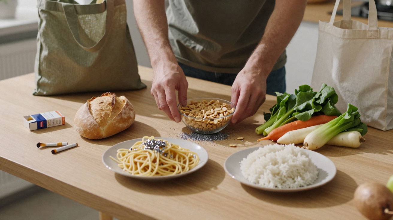 Person streut Erdnüsse über Teller mit Spaghetti und Reis, Brot, Gemüse und Zigaretten auf Holztisch.