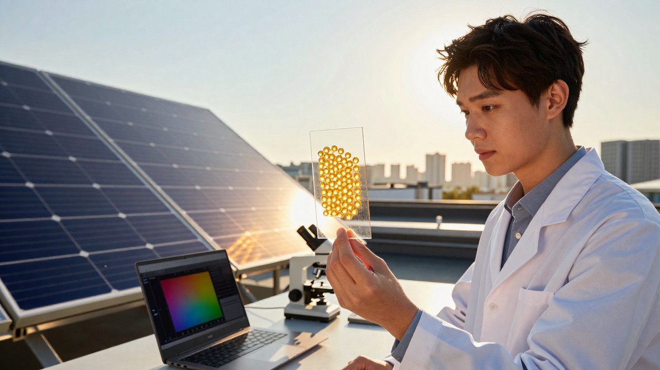 Wissenschaftler im Labor mit Solarpanelen untersucht transparente Platte mit gelben Kugeln bei Sonnenuntergang.
