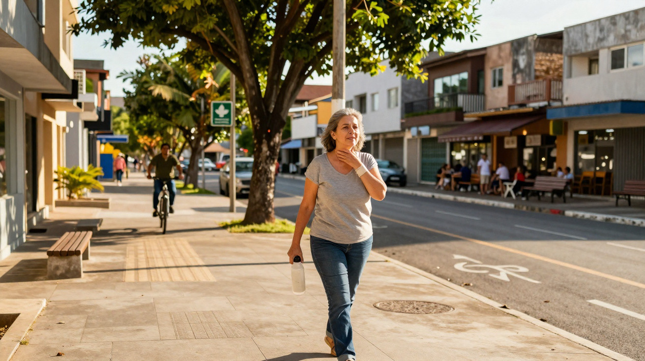 Ältere Frau mit grauen Haaren geht auf einem sonnigen Bürgersteig, Fahrradfahrer und Geschäfte im Hintergrund.