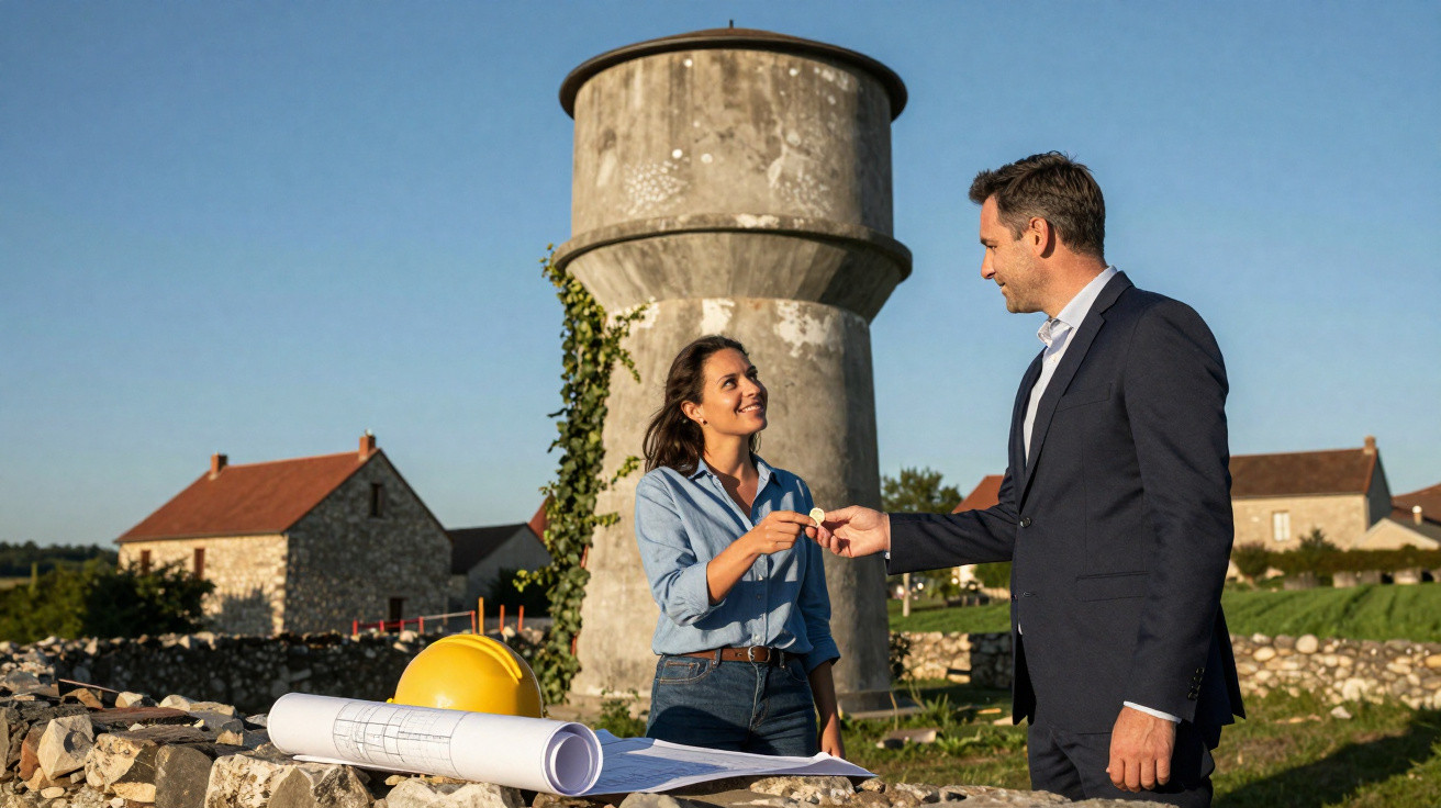 Frau und Mann tauschen Schlüssel vor einem alten Wasserturm, auf dem Steinmauer liegen Baupläne und Helm.