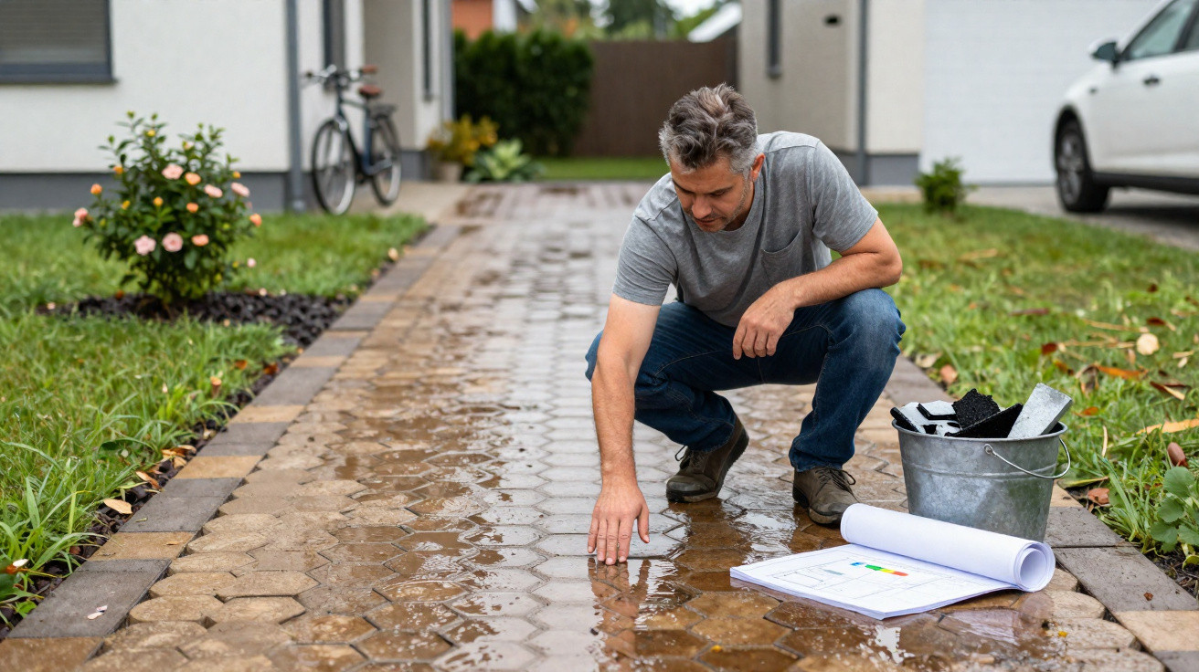 Mann kniet auf nassem gepflastertem Weg und berührt Wasser, neben Plänen und Eimer mit Werkzeugen.