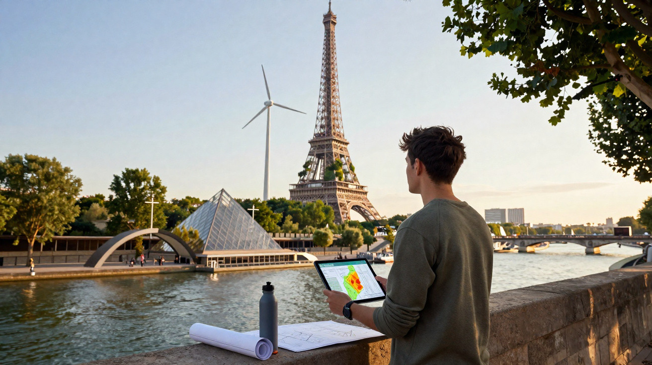 Mann steht am Flussufer in Paris mit digitalen Plänen, im Hintergrund Eiffelturm und Windrad bei Sonnenuntergang.