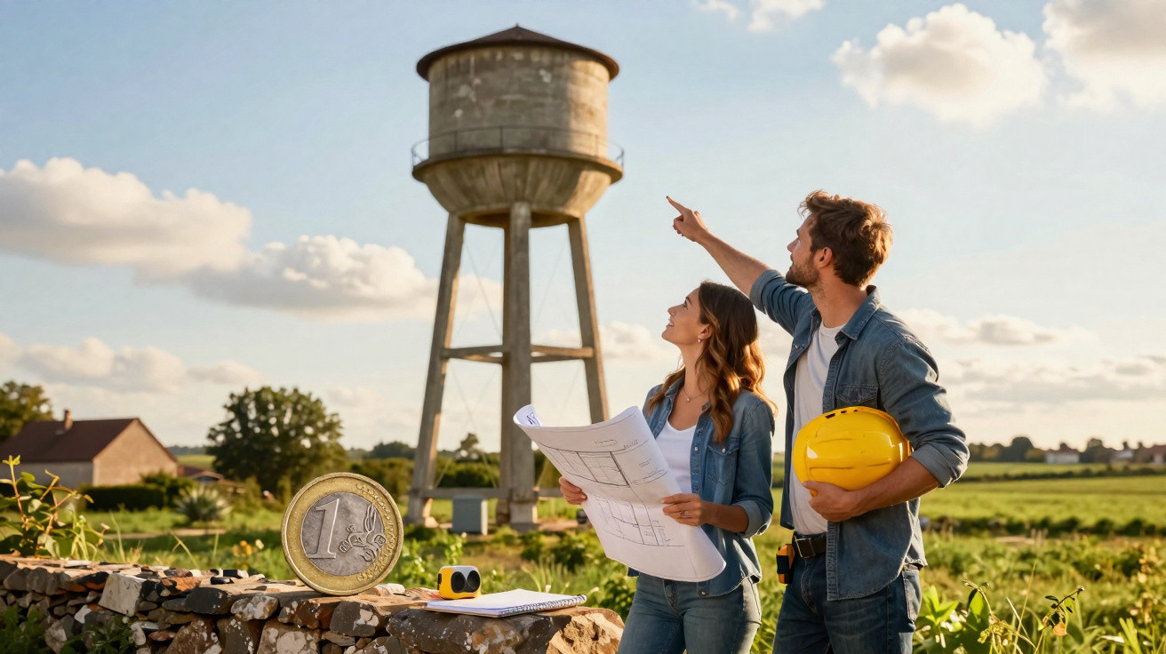 Zwei Bauingenieure besprechen Pläne vor einem Wasserturm auf dem Land bei Sonnenschein.