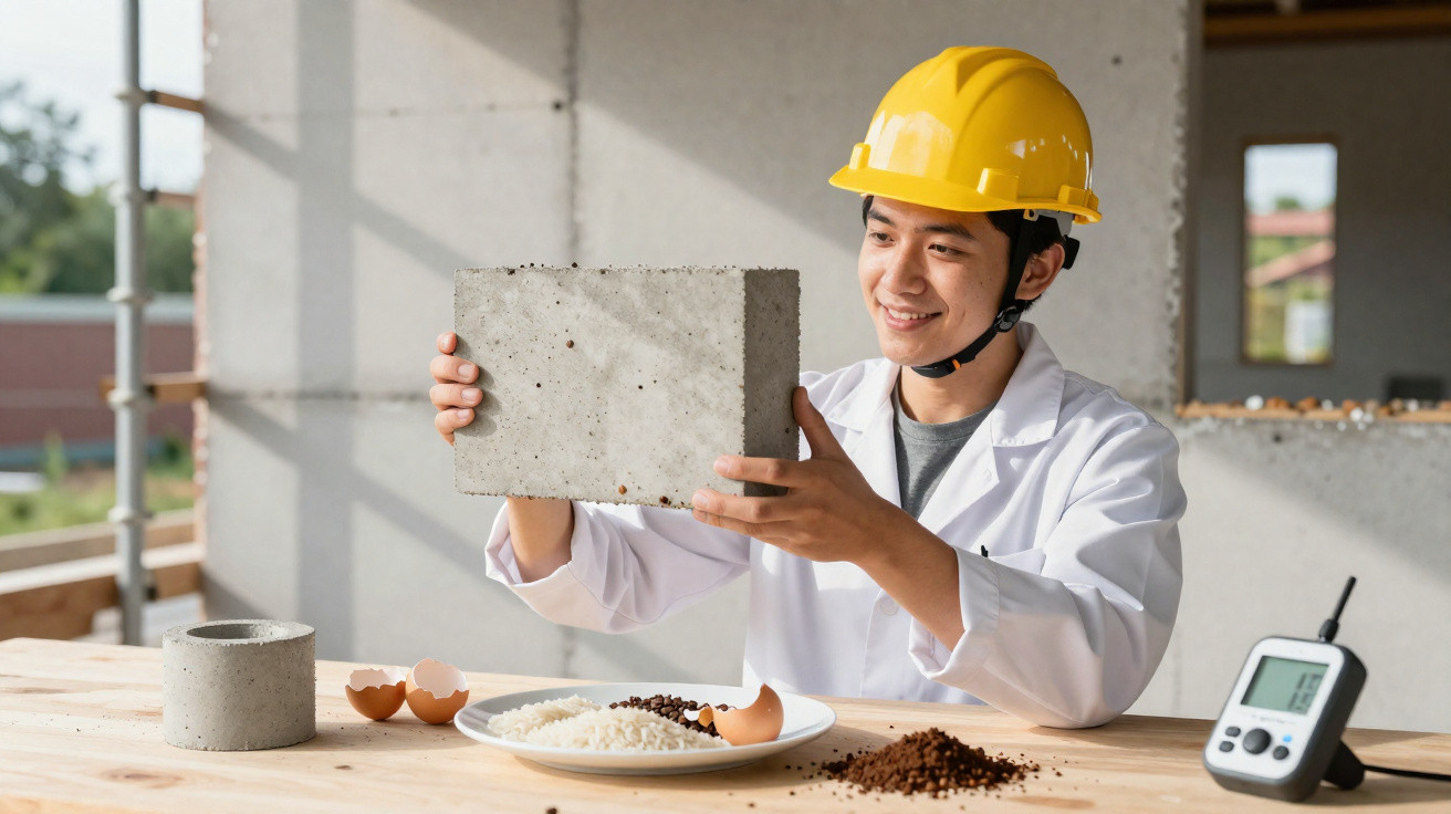 Junger Bauarbeiter mit gelbem Helm hält Betonplatte, daneben Eier, Reis und Messgerät auf Holztisch.