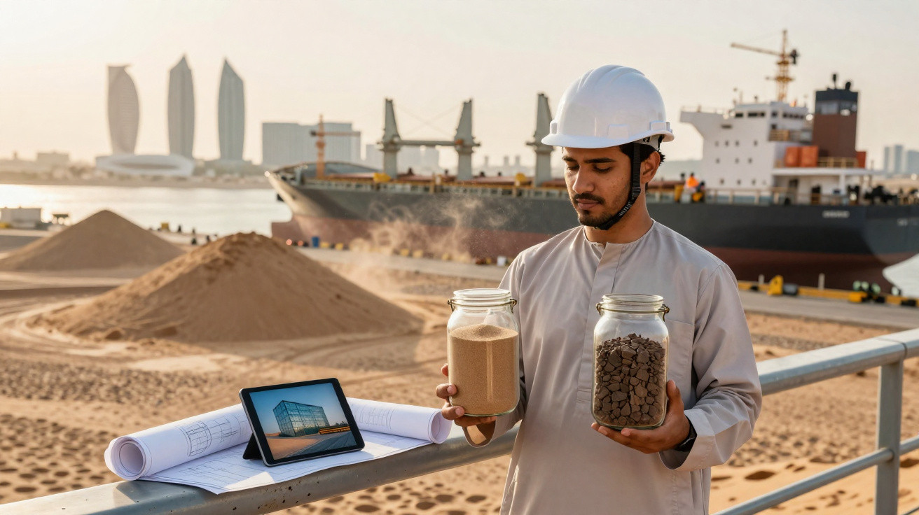 Ingenieur mit Schutzhelm hält zwei Gläser mit Baumaterialien auf Baustelle am Hafen mit Schiff und Sandhaufen im Hintergrund