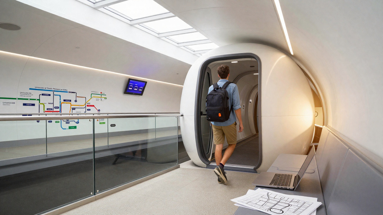 Junger Mann mit Rucksack betritt futuristischen weißen Tunnel in modernem, hellem Innenraum mit Laptop und Skizzen.