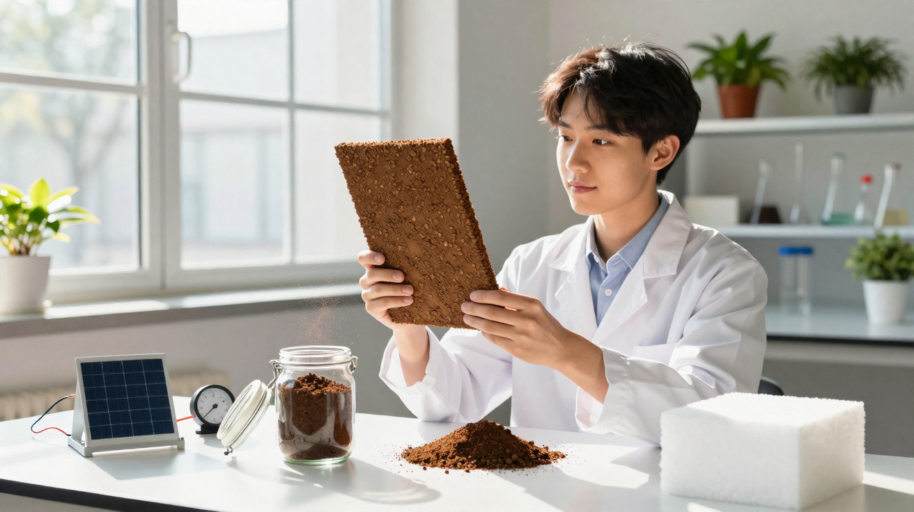 Wissenschaftler im Labor untersucht rechteckige Bodenprobe mit Sonnensensor und Pflanzen im Hintergrund.