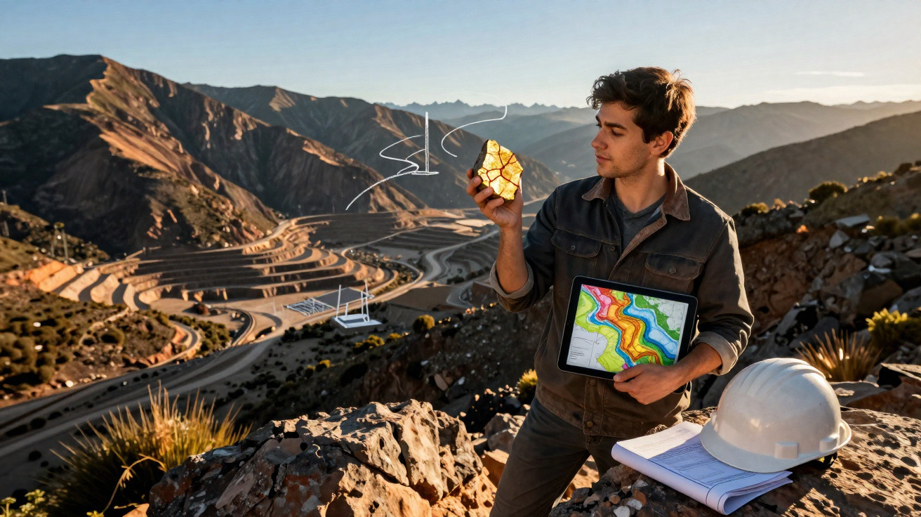 Geologe untersucht Gesteinsprobe mit Tablet vor Berglandschaft und Minenanlage im Hintergrund.