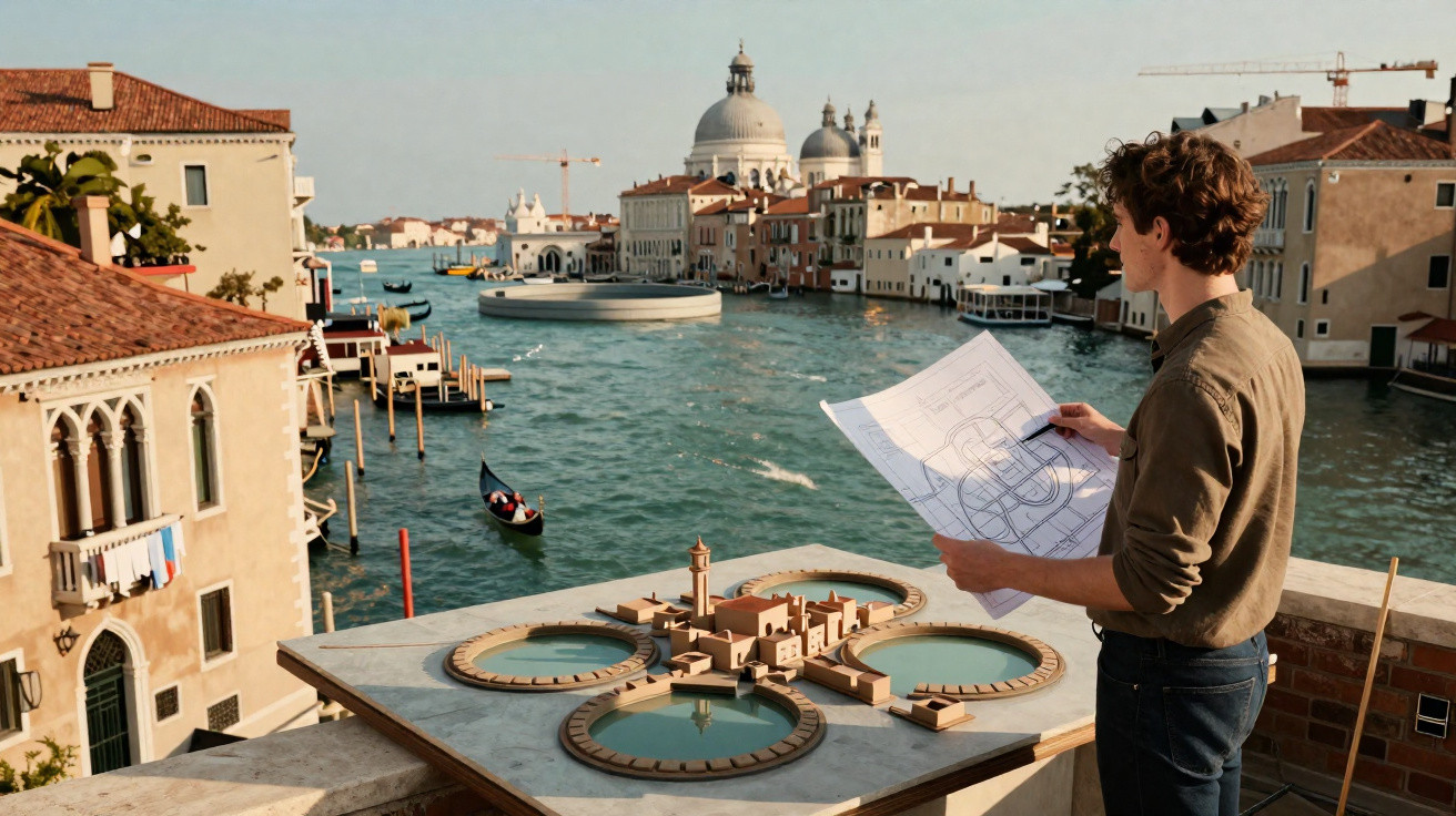 Person betrachtet Architekturpläne mit Modell einer Wasseranlage bei Sonnenschein in Venedig, Italien.
