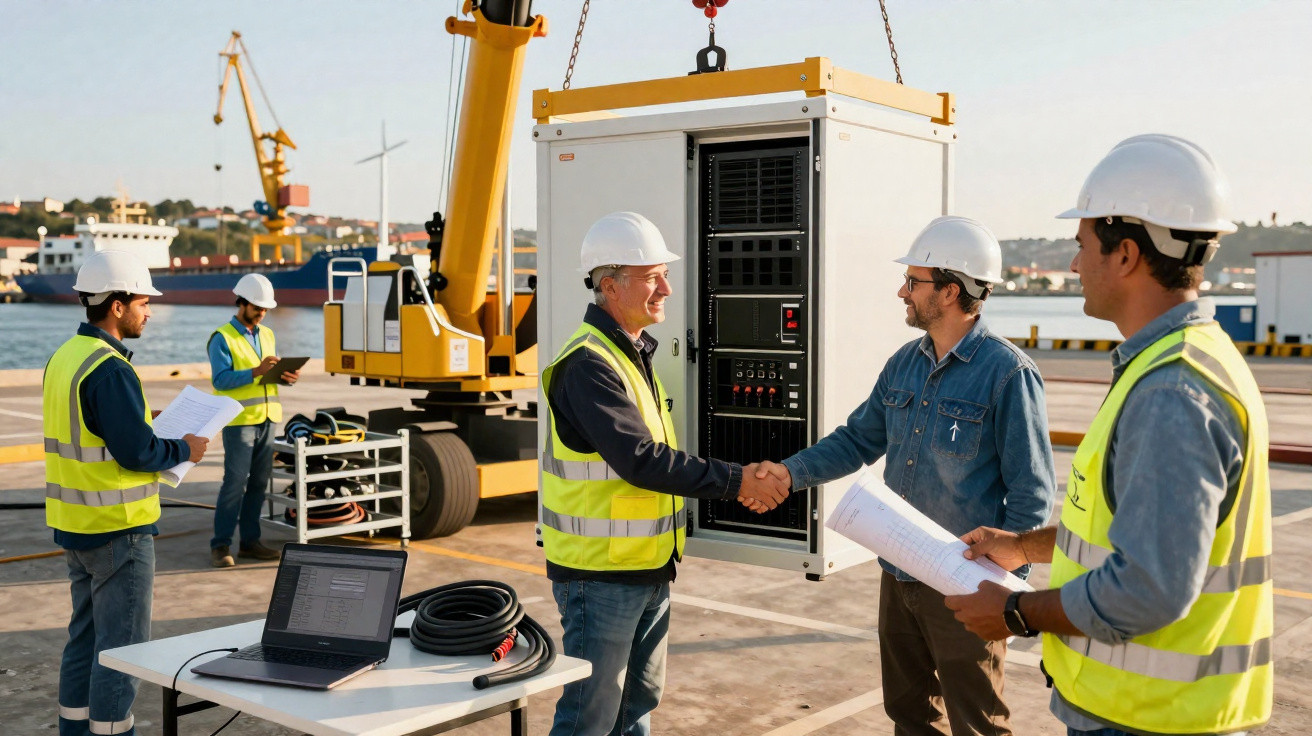 Bauarbeiter mit Schutzhelmen und Warnwesten schütteln sich bei Baustelle mit Kran am Hafen die Hand.