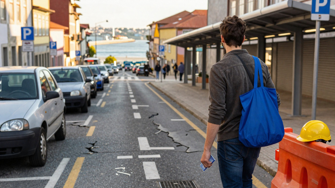 Mann mit blauer Tasche geht auf Straßen mit Fahrbahnschäden, geparkten Autos und Baustellenabsperrung am Meer zu.