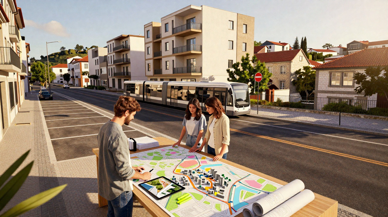 Drei Personen besprechen einen Stadtplan auf einem Tisch an einer ruhigen Straßenkreuzung mit moderner Straßenbahn.
