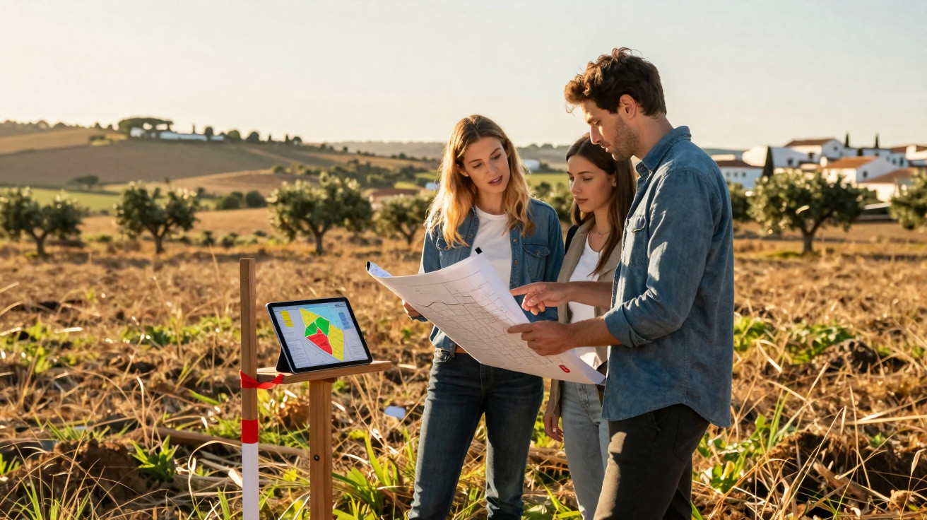 Drei Personen analysieren einen Lageplan auf einem Feld mit Tablet und Messpfosten bei sonnigem Wetter.