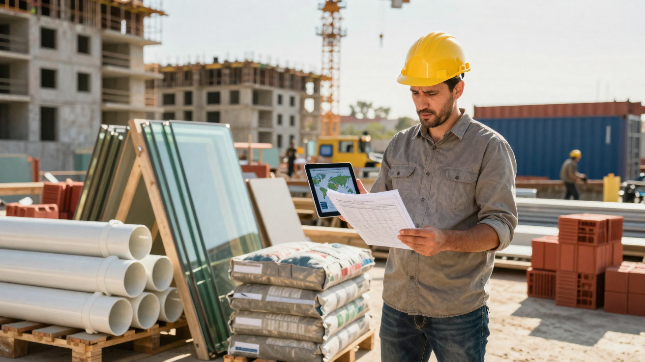 Bauleiter mit Helm prüft Baustellenpläne vor Baumaterialien auf einer aktiven Baustelle.