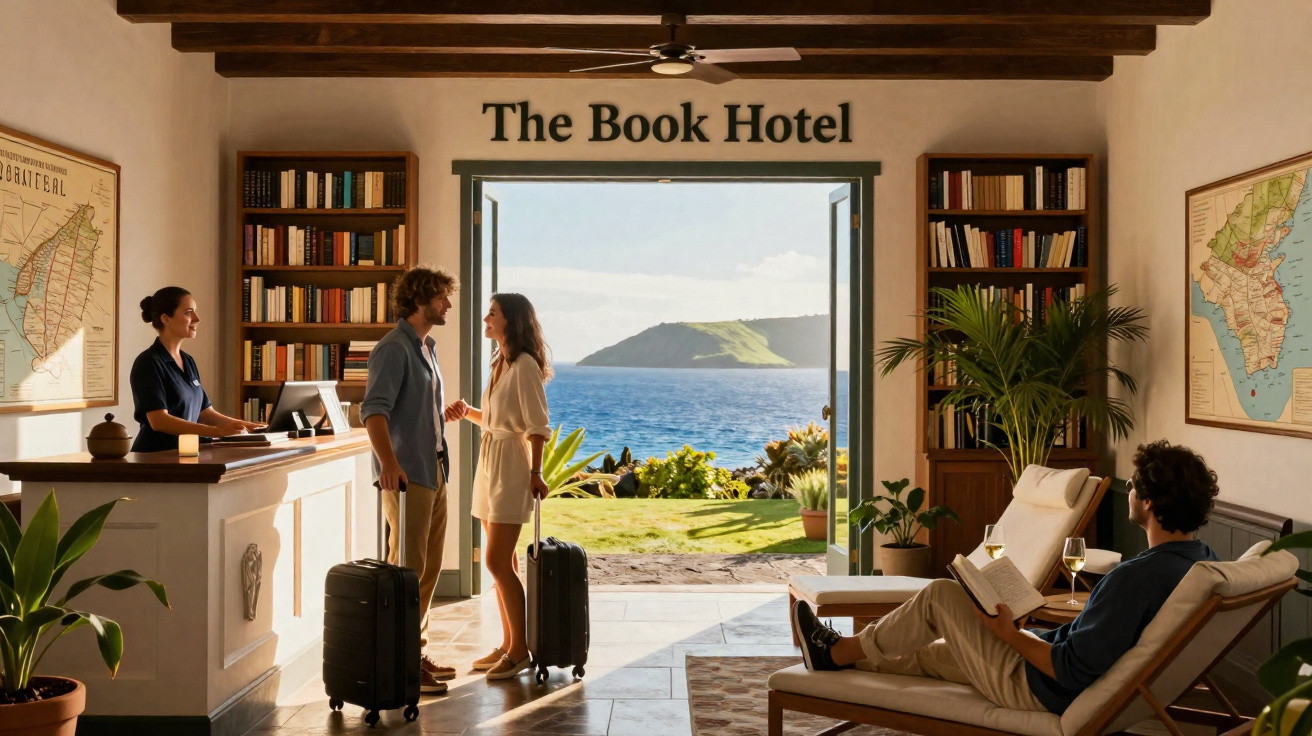 Empfangsbereich eines Hotels mit Gästen, Bücherregalen, Meerblick und entspannter Atmosphäre.