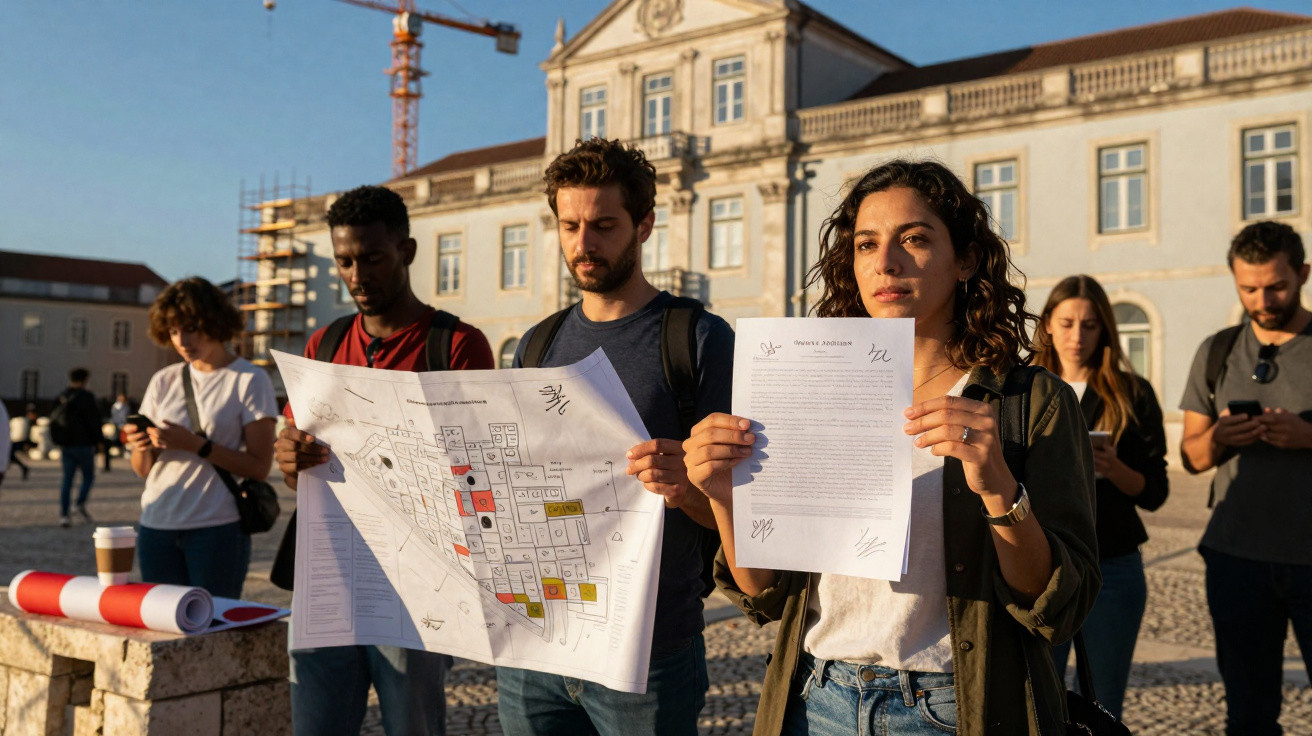 Gruppe junger Menschen hält Pläne und einen unterschriebenen Brief vor historischem Gebäude bei Sonnenlicht.