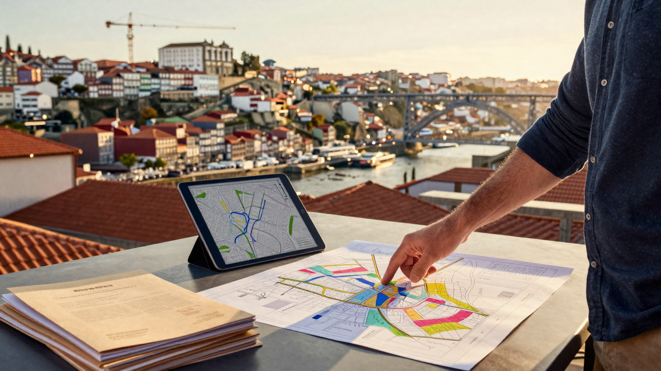 Person zeigt auf einen farbigen Stadtplan auf einem Tisch mit Tablet und Akten vor einer Fluss- und Stadtkulisse.